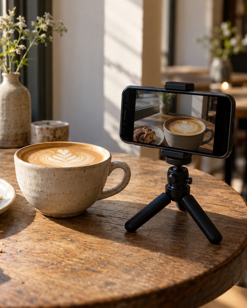 A cafe table with a coffee and a phone on a small tripod, ready to film